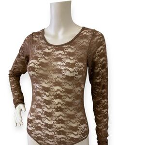 Elegant Brown Lace Long Sleeve Leotard
